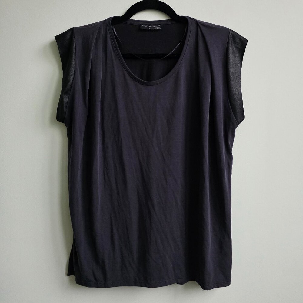 Zara Gray/Black Mixed Media Modal Cap-Sleeved, Pleat-Shoulder Top, Size Small